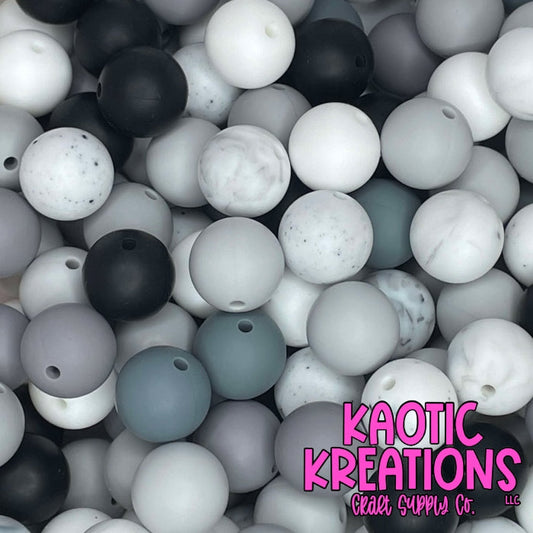 SHADES OF BLACK AND WHITE SILICONE BEAD MIX (40ct)