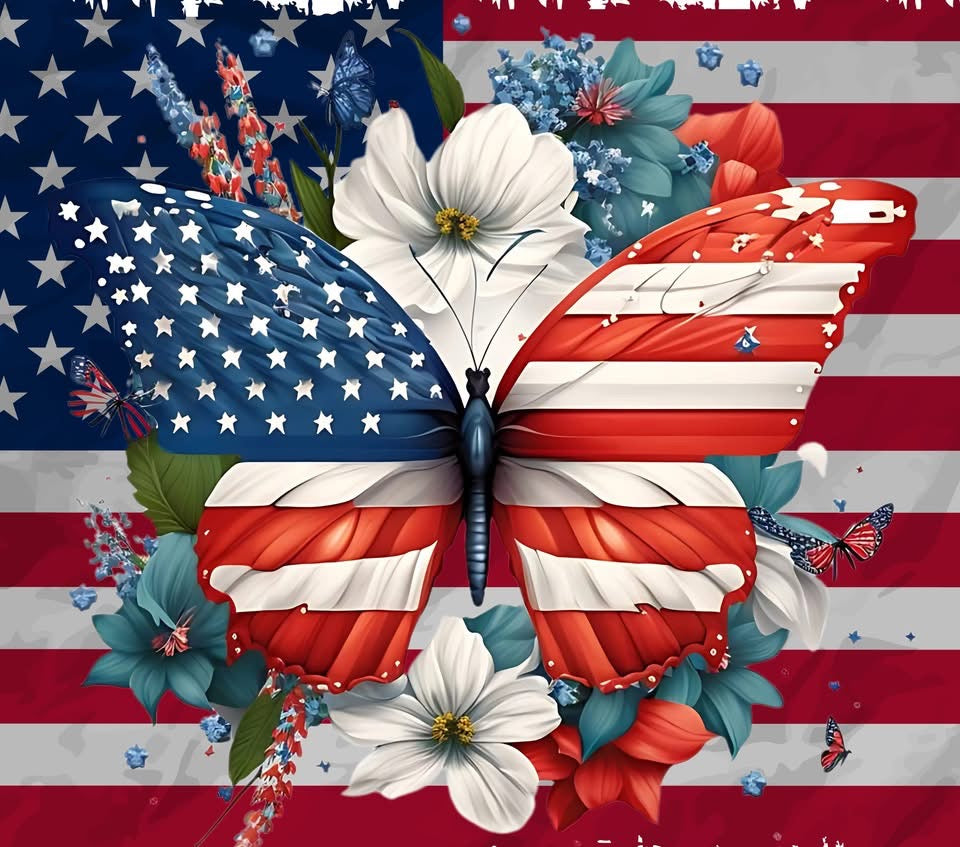 20 oz Tumbler - Butterfly Flowers and Flag